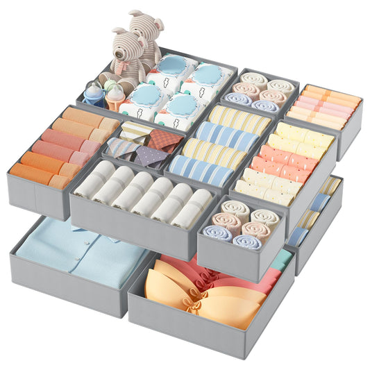 DIMJ Drawer Organizers Clothes Dresser Organizers - 12 Pack Fabric Closet Dividers Storage Organization, Foldable Nursery Bedroom Bins for Baby Clothing, Underwear, Socks, Bra, Ties (Grey)