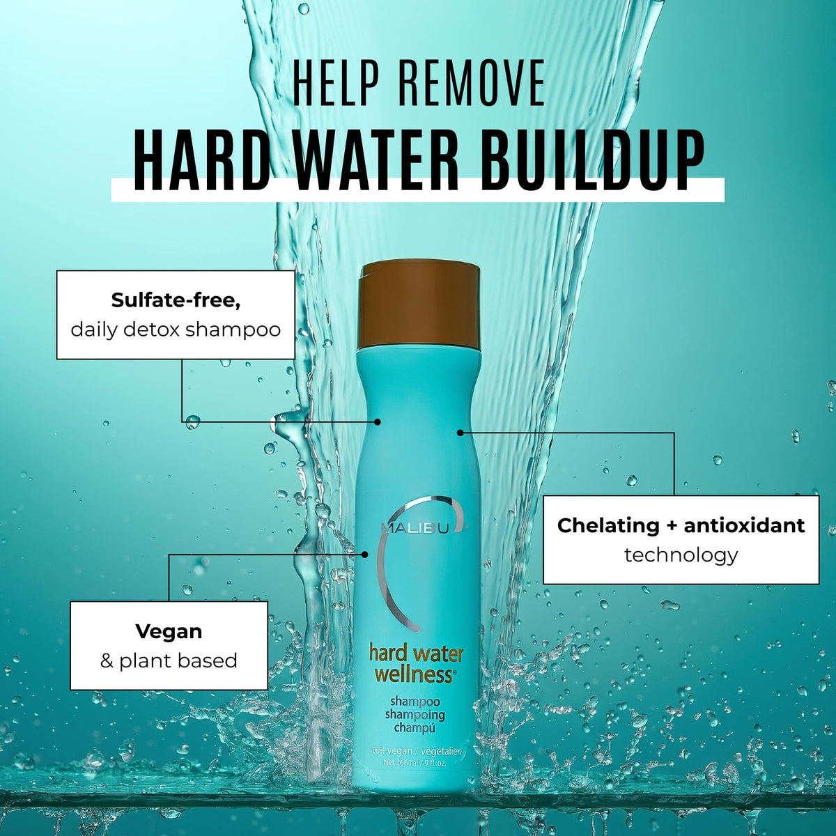 Malibu C Hard Water Hair Clarifying Shampoo - Sulfate Free Chelating Formula for Build Up & Scalp Detox - Removes Minerals, Prevents Discoloration, Restores Shine - Vegan Hair Care Products, 9oz
