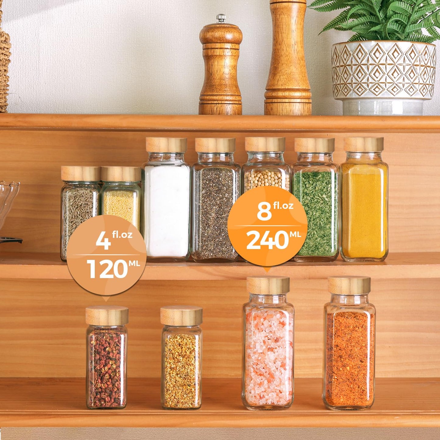 ComSaf 4oz 24Pcs Glass Spice Jars with Bamboo Lids, Empty Spice Containers with 93 Labels, Square Seasoning Containers Trial and Supplement Set, Small Seasoning Bottles for Salt, Herbs, Sugar, Pepper - Available at All In One Marketplace Canada