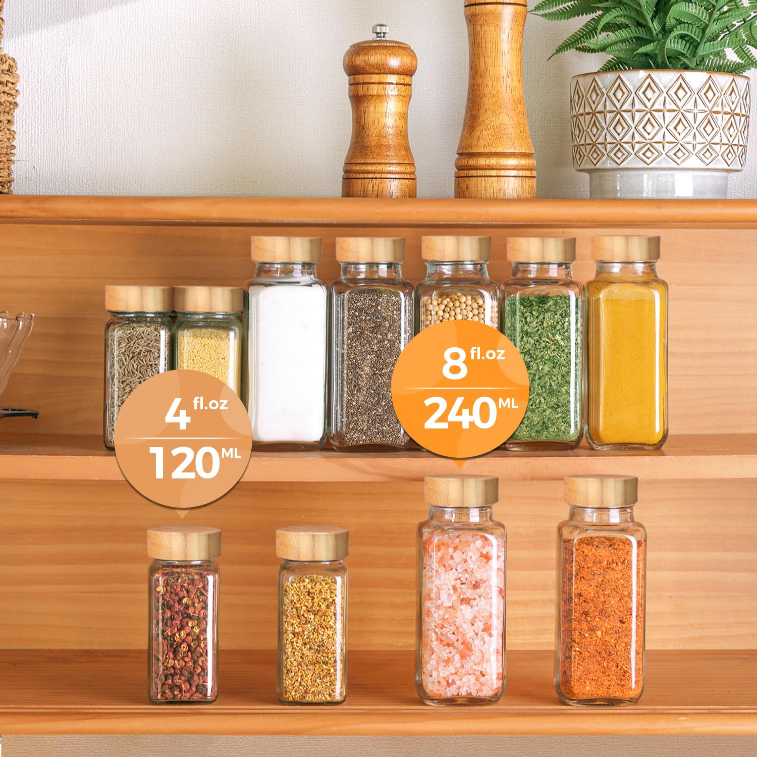 ComSaf 4oz 24Pcs Glass Spice Jars with Bamboo Lids, Empty Spice Containers with 93 Labels, Square Seasoning Containers Trial and Supplement Set, Small Seasoning Bottles for Salt, Herbs, Sugar, Pepper - Available at All In One Marketplace Canada