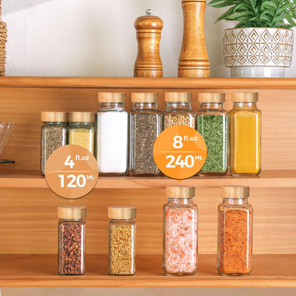 ComSaf 4oz 24Pcs Glass Spice Jars with Bamboo Lids, Empty Spice Containers with 93 Labels, Square Seasoning Containers Trial and Supplement Set, Small Seasoning Bottles for Salt, Herbs, Sugar, Pepper - Available at All In One Marketplace Canada