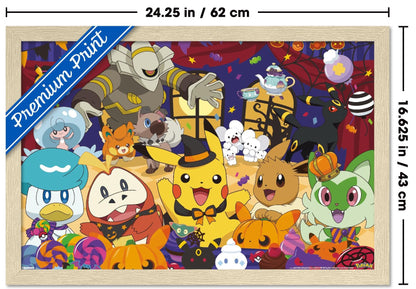 Pokémon : Fête d'Halloween - Affiche murale de groupe, 56,9 cm L x 37,3 cm l, version avec cadre blond