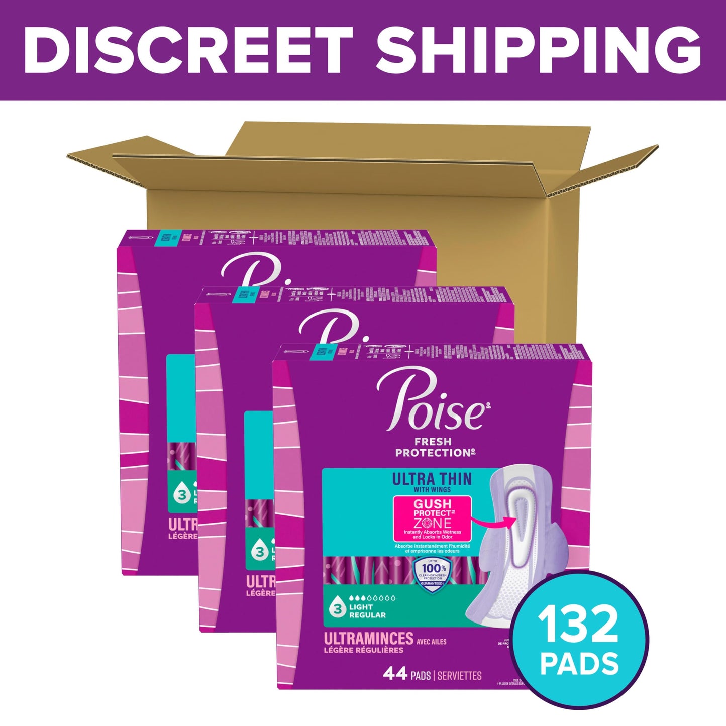 Poise Ultra Thin Incontinence Pads with Wings, 3 Drop, Regular, 132 Count 🍁 All In One Marketplace Canada