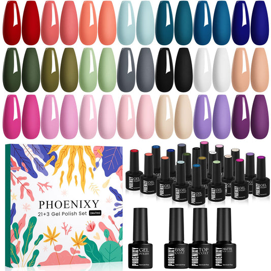 phoenixy 24 PCS Gel Nail Polish Kit, 21 Colors U V Gel Nail Polish Set with Base Glossy Matte Top Coat Spring Black Gray Red Nail Kit Gifts for Women