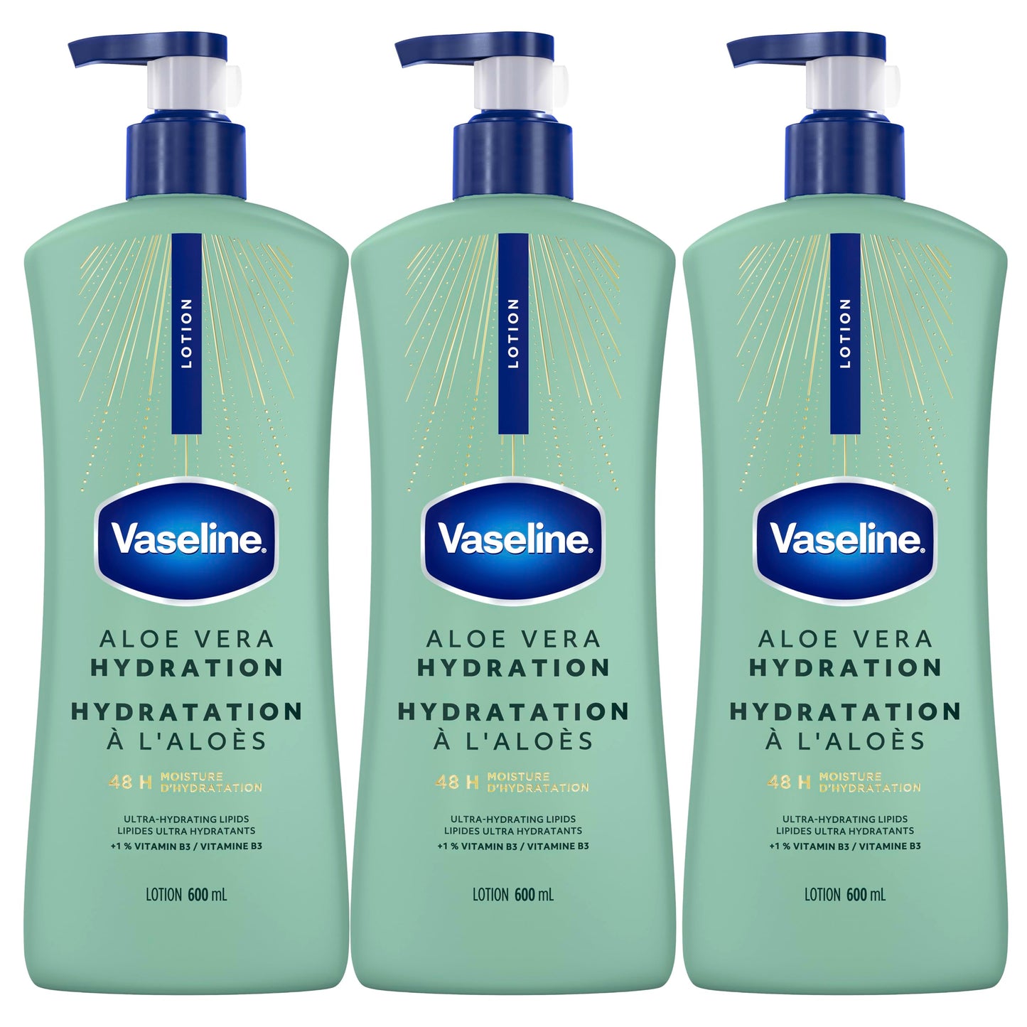 Vaseline Intensive Care Aloe Vera Hydration Body Lotion for Dry Skin with 48H Moisture + Ultra hydrating lipids, 600 ml (3-pack) - Available at All In One Marketplace Canada
