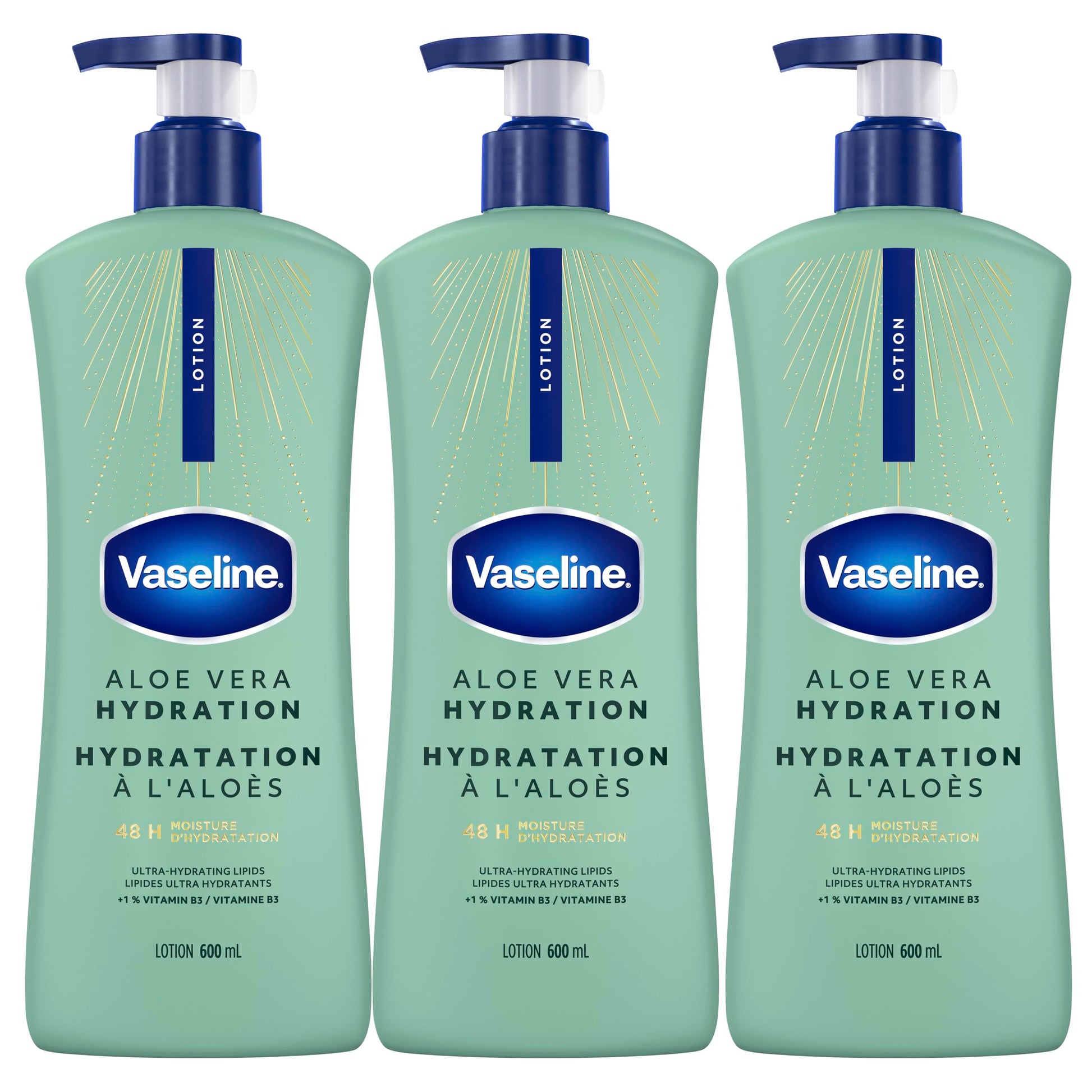 Vaseline Intensive Care Aloe Vera Hydration Body Lotion for Dry Skin with 48H Moisture + Ultra hydrating lipids, 600 ml (3-pack) - Available at All In One Marketplace Canada