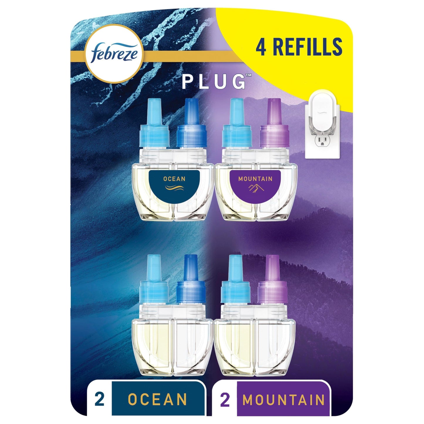 Febreze Plug In Air Freshener, Odor-Fighting Scented Oil Refill for Home and Bathroom and Kitchen, Long Lasting for Strong Odors, Ocean & Mountain Scents, 4 Count Febreze