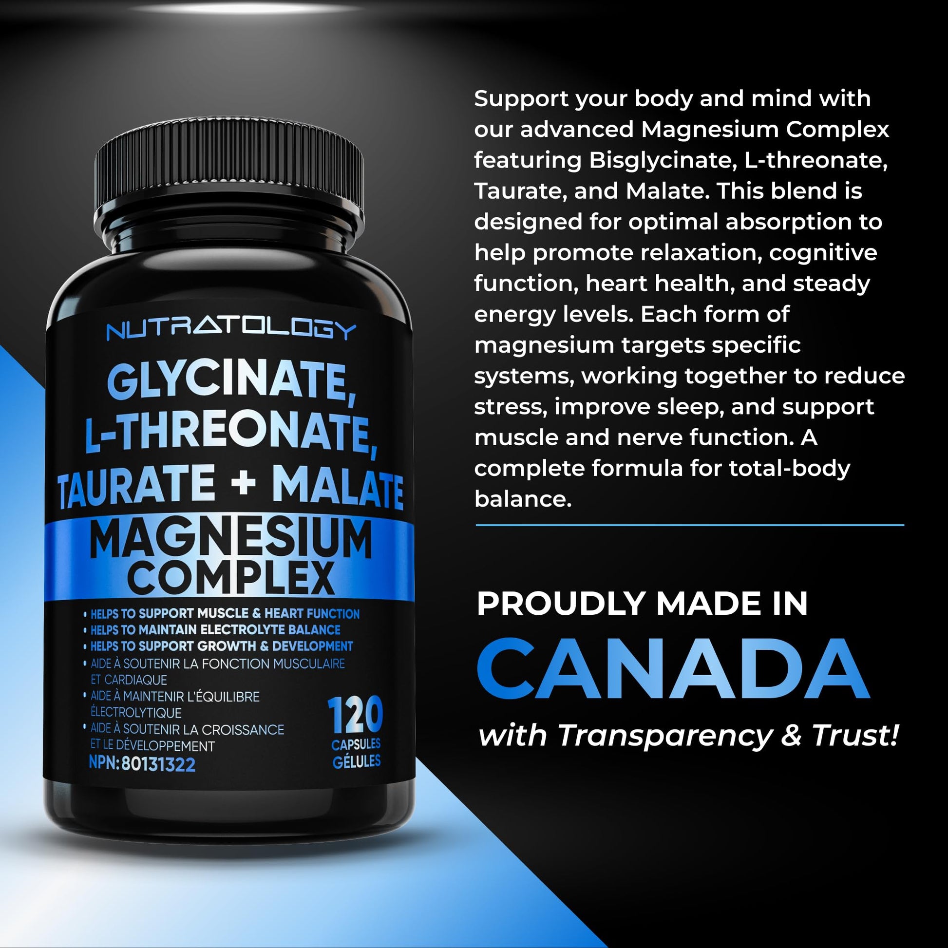 Nutratology Magnesium Complex - Glycinate, Malate, L-Threonate & Taurate With Vitamin B6 + Bioperine For Enhanced Absorption - Helps Support Healthy Bones, Muscles, Teeth & Heart - 100MG Elemental Magnesium Per Capsule - 120 Count - Available at All In One Marketplace Canada