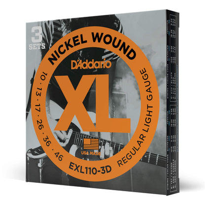 D'Addario EXL110 Cordes de guitare électrique en nickel filé, lot de 3 - Tirant Regular Light 10-46