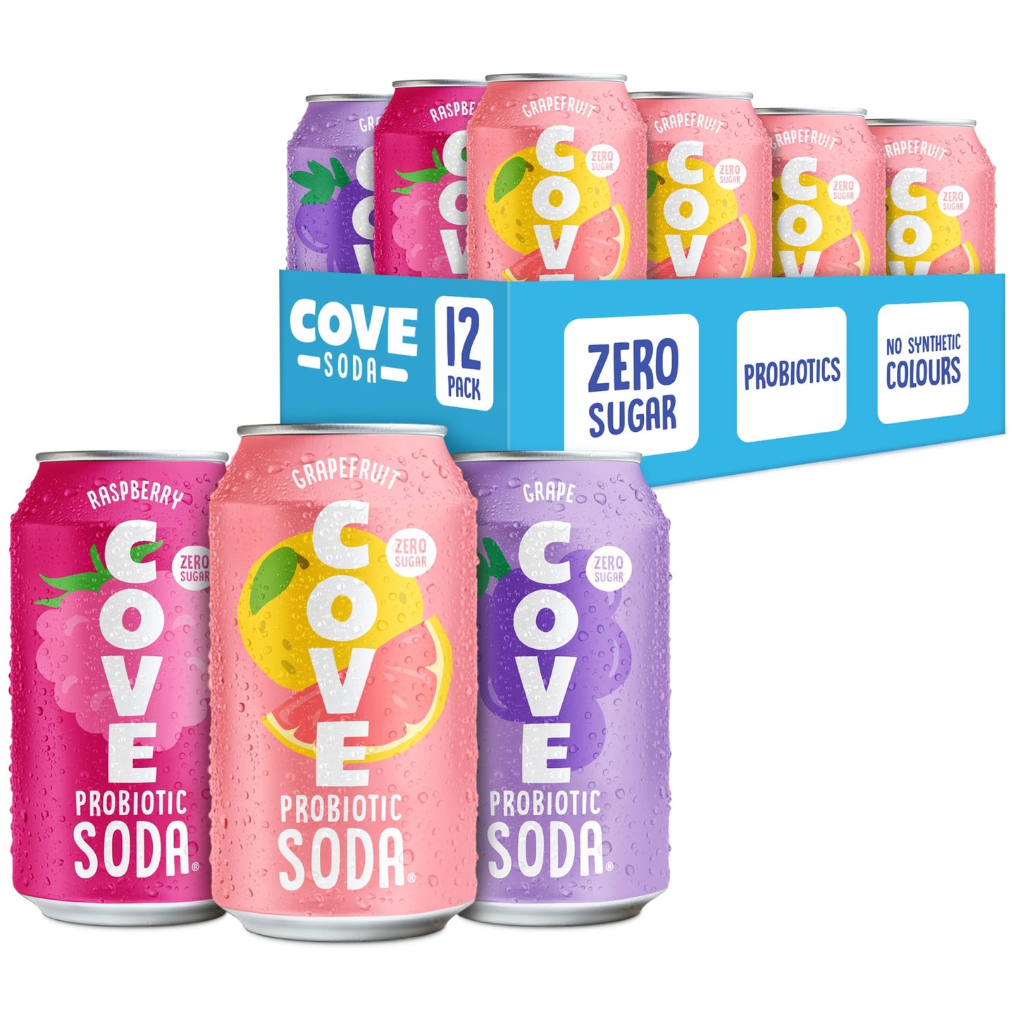 Cove Probiotic Soda Variety Pack – Zero Sugar, Vitamin C Enriched, Caffeine Free – Raspberry, Grapefruit & Grape Flavors, 12 Cans