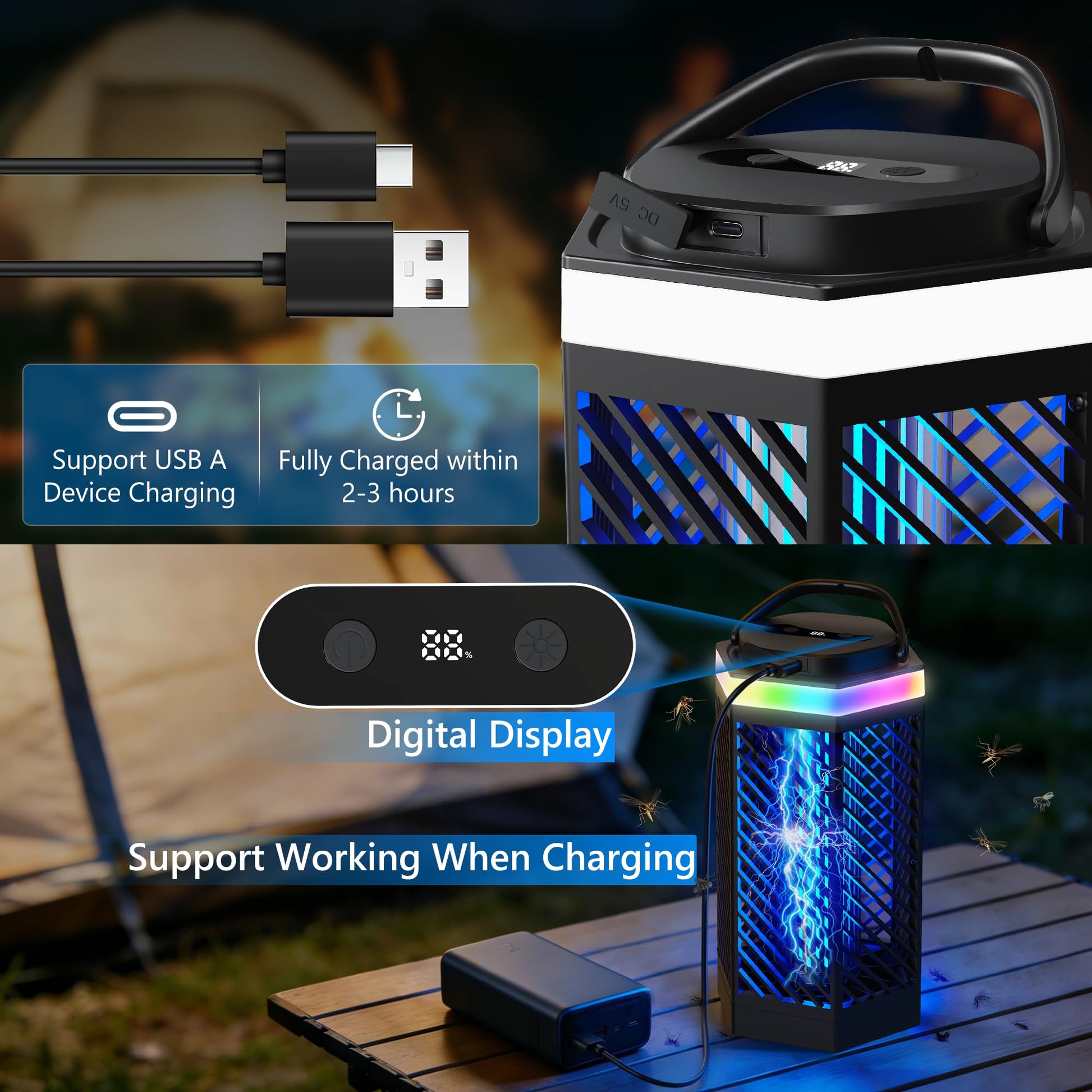 REOGLE Bug Zapper Outdoor Indoor, Rechargeable Mosquito Zapper with 8000mAh Battery & LED Night Light, USB Charging Electric Fly Zapper, Portable Fly Trap Fly Killer for Patio, Backyard, Garden