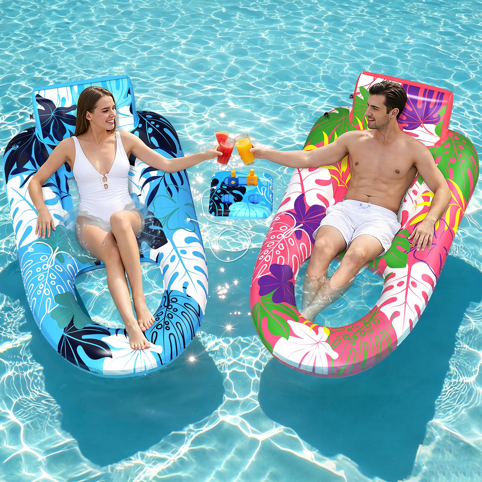 SEETOHOME 2 Pack Pool Floaties for Adults, Heavy Duty Inflatable Pool Lounger Floating Adult with Detachable Cup Holders & Backrest, Adult Pool Float Lounger for Beaches, Lakes, Rivers, Parties