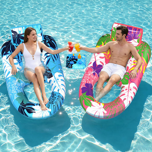 SEETOHOME 2 Pack Pool Floaties for Adults, Heavy Duty Inflatable Pool Lounger Floating Adult with Detachable Cup Holders & Backrest, Adult Pool Float Lounger for Beaches, Lakes, Rivers, Parties