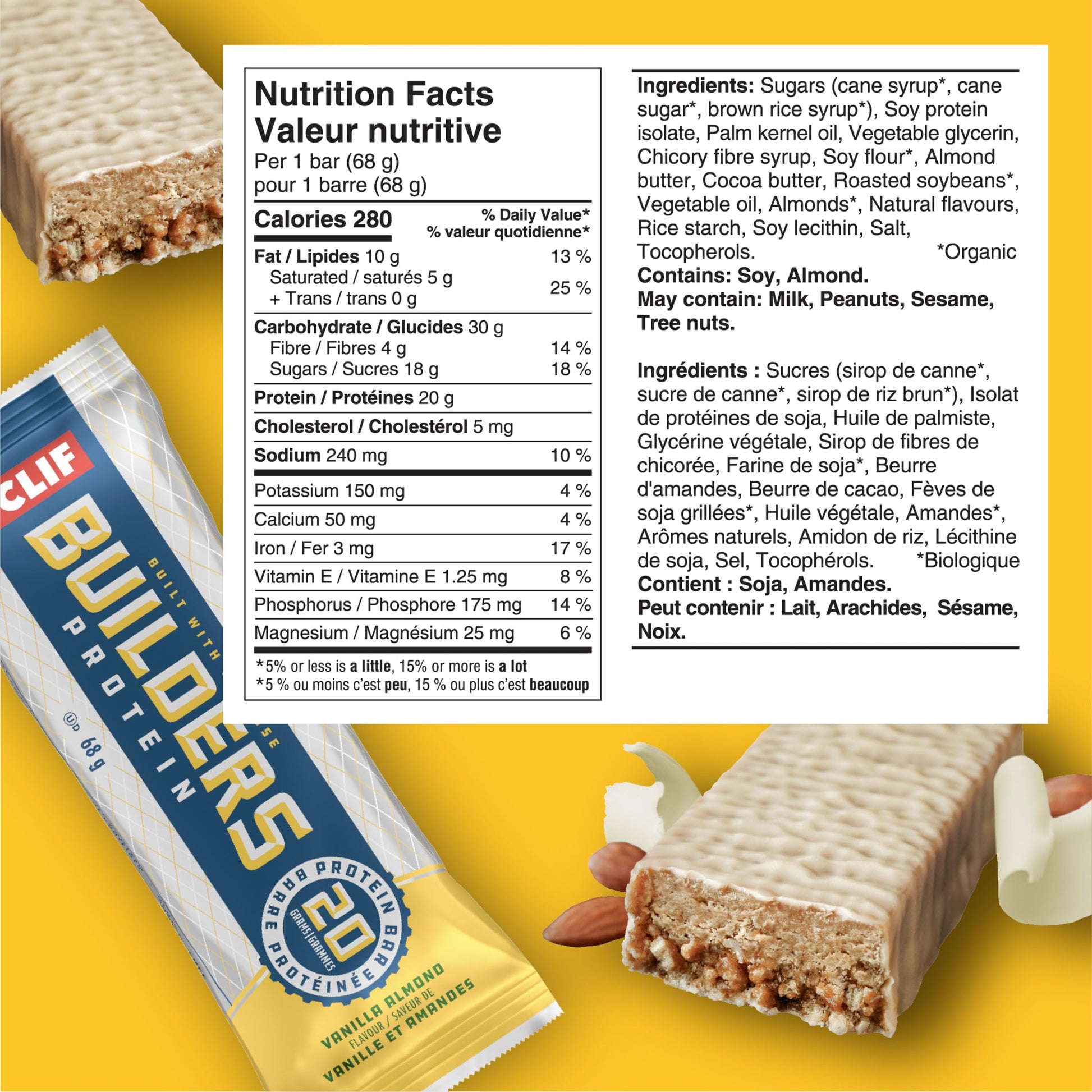 CLIF BUILDERS Vanilla Almond Protein Bars - 20g Plant Protein, Gluten Free, Non-GMO, Made in Canada, 68g Bar (12 Count)