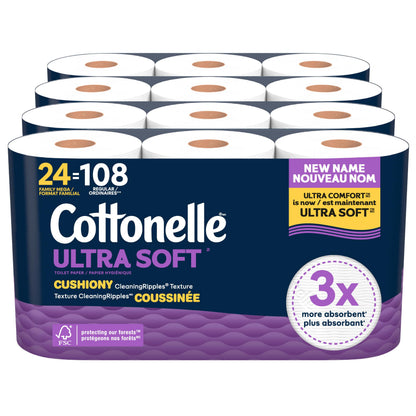 Cottonelle Toilet Paper, 24 Family Mega Rolls = 108 Regular Rolls (4 Packs of 6), Ultra Soft (Formerly Ultra Comfort), Soft Bathroom Tissue, 296 Sheets per Roll, Packaging May Vary - Available at All In One Marketplace Canada
