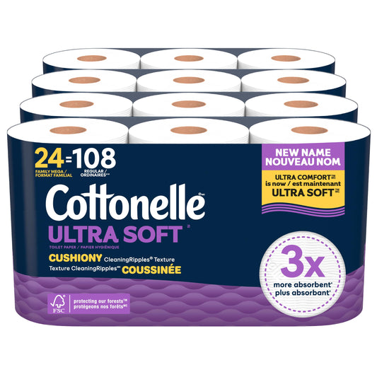 Cottonelle Toilet Paper, 24 Family Mega Rolls = 108 Regular Rolls (4 Packs of 6), Ultra Soft (Formerly Ultra Comfort), Soft Bathroom Tissue, 296 Sheets per Roll, Packaging May Vary - Available at All In One Marketplace Canada