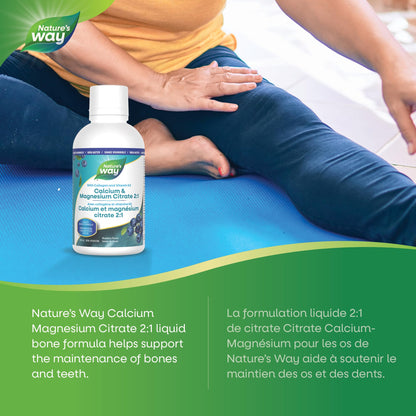 Nature's Way Calcium and Magnesium Citrate 2:1 - Liquid Supplement with Vitamin K2 and Collagen – Helps Support the Maintenance of Bones and Teeth – Blueberry Flavour, 500 mL - Available at All In One Marketplace Canada