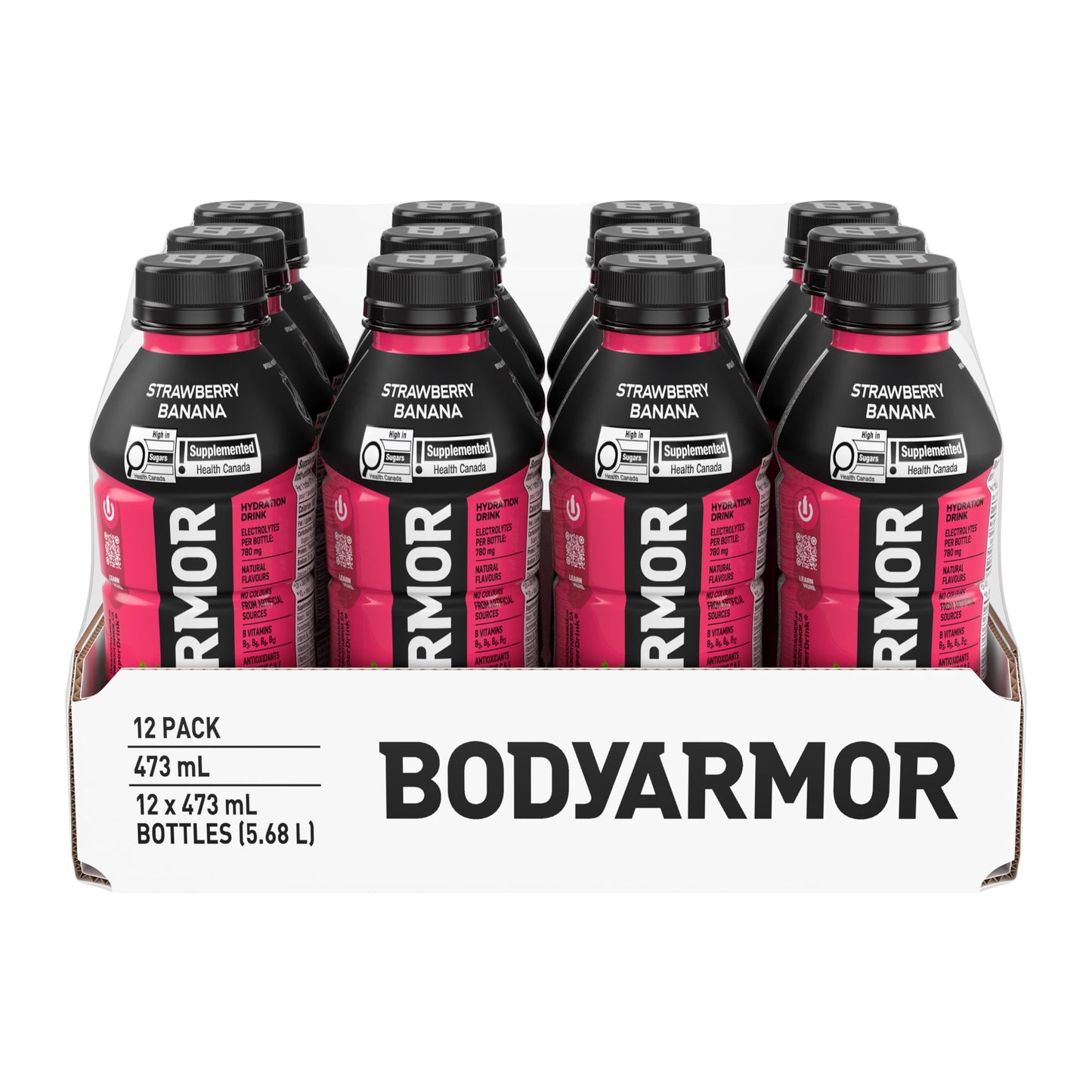 BODYARMOR SuperDrink Strawberry Banana, 473 mL Bottles (12 Pack) – Sports Hydration Drink with Coconut Water, Potassium-Packed Electrolytes and Antioxidant Vitamins Body Armor