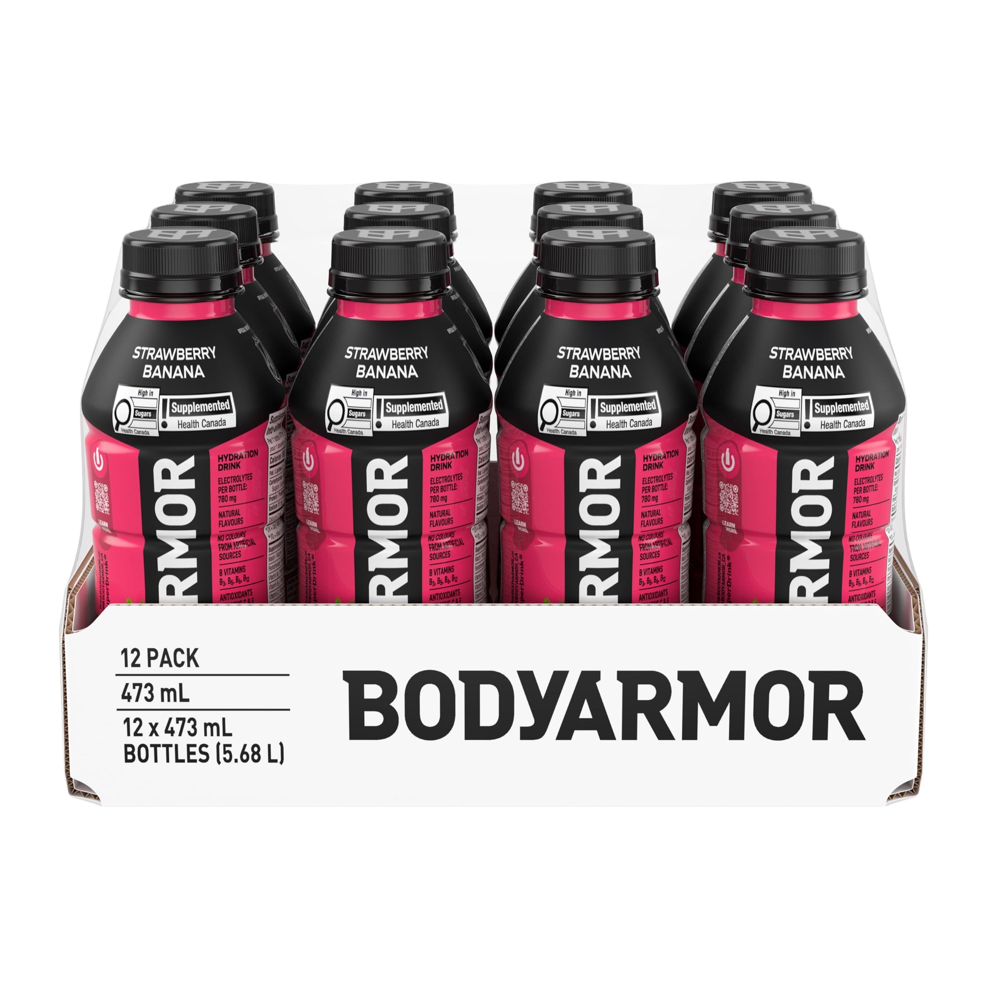 BODYARMOR SuperDrink Strawberry Banana, 473 mL Bottles (12 Pack) – Sports Hydration Drink with Coconut Water, Potassium-Packed Electrolytes and Antioxidant Vitamins Body Armor