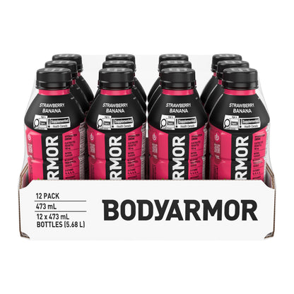 BODYARMOR SuperDrink Strawberry Banana, 473 mL Bottles (12 Pack) – Sports Hydration Drink with Coconut Water, Potassium-Packed Electrolytes and Antioxidant Vitamins Body Armor