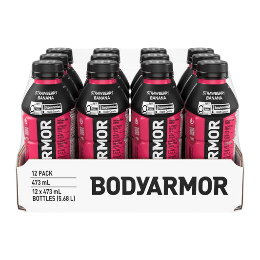 BODYARMOR SuperDrink Strawberry Banana, 473 mL Bottles (12 Pack) – Sports Hydration Drink with Coconut Water, Potassium-Packed Electrolytes and Antioxidant Vitamins Body Armor