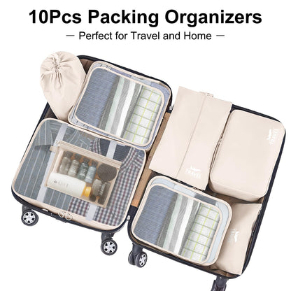 10 Set Packing Cubes for Suitcases, Packing Cubes Travel Essentials Organizer Bags, Travel Organizers (Beige)