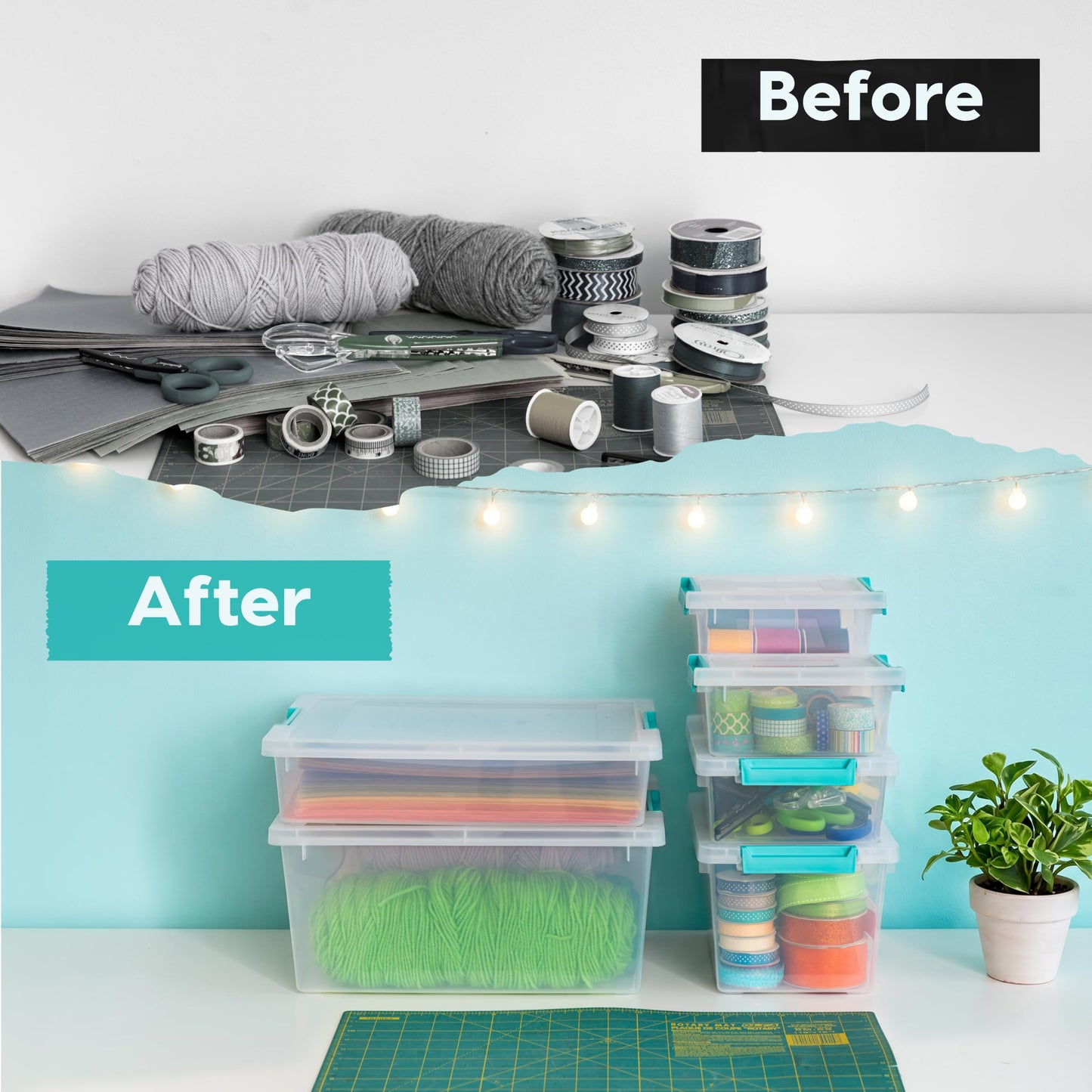 IRIS USA 11.4 L (12 US Qt) Large Deep Clip Box, 4 Pack, Clear Plastic Storage Container Bins with Latching Lids, Organizer for Home, Office and Classroom, Stackable Nestable, Seafoam Blue Buckles IRIS USA