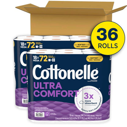 Cottonelle Toilet Paper, 36 Mega Rolls = 144 Regular Rolls (2 Packs of 18), Ultra Soft (Formerly Ultra Comfort), Soft Bathroom Tissue, 244 Sheets per Roll, Packaging May Vary