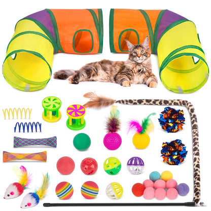 Retro Shaw Cat Toys Set 33 Pack, Cat Play Tunnel for Indoor Cats Kitty, Kitten Toys Include 2 Collapsible Cat Tunnels Tube Tent, Cat Feather Teaser Wand Springs Rainbow Bell Crinkle Ball Mouse Pompom - Available at All In One Marketplace Canada