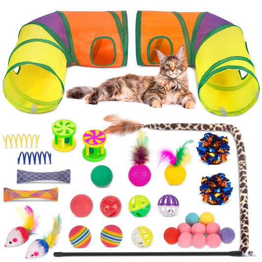Retro Shaw Cat Toys Set 33 Pack, Cat Play Tunnel for Indoor Cats Kitty, Kitten Toys Include 2 Collapsible Cat Tunnels Tube Tent, Cat Feather Teaser Wand Springs Rainbow Bell Crinkle Ball Mouse Pompom - Available at All In One Marketplace Canada