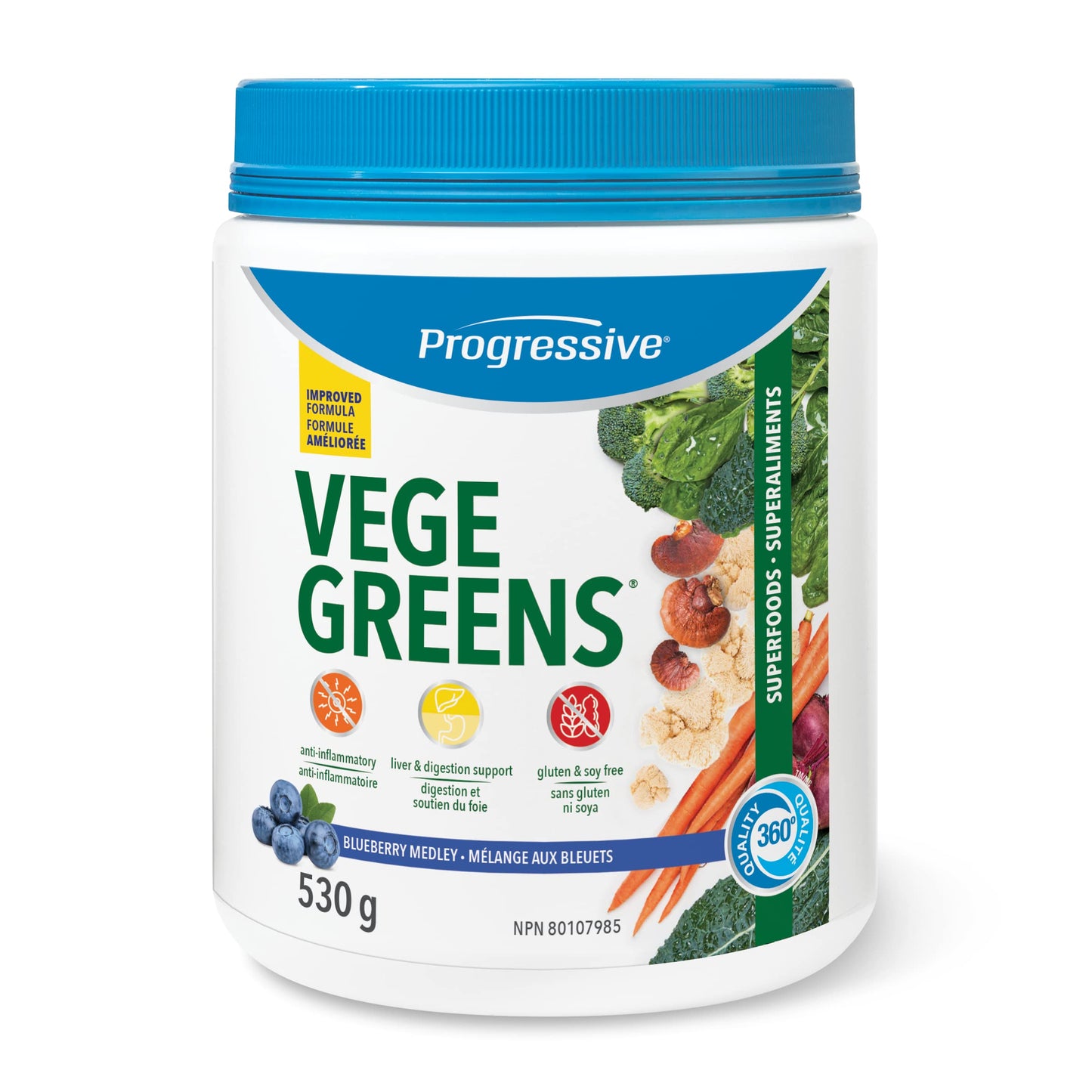 Progressive VegeGreens Blueberry Medley, Vegan Canadian-Made Superfoods + Daily Greens with 23 Whole Foods, Adaptogens, Anti-Inflammatory, Antioxidants & Digestive Support for Energy and Immunity, 530 g Progressive Health