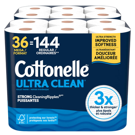 Cottonelle Toilet Paper, 36 Mega Rolls = 144 Regular Rolls (2 Packs of 18), Ultra Clean, Strong Bathroom Tissue, 284 Sheets per Roll, Packaging May Vary
