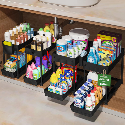 Sevenblue 4 Pack Under Sink Organizer and Storage,Bathroom Organizers, Multi-Use Under Sink Organizer for Bathroom and Kitchen with Sliding Drawer, Hang Hooks and Cup (Black, L)