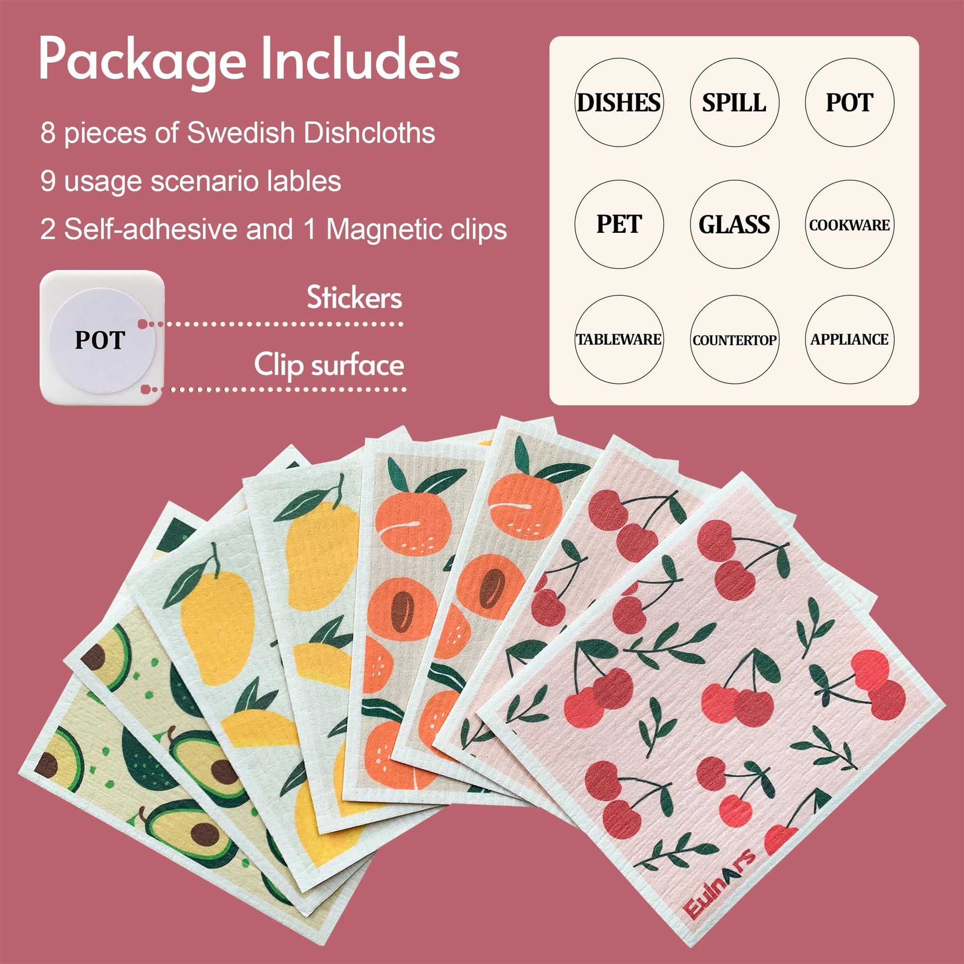 Eulnars Swedish Dish Cloth, 8-Pack Reusable Paper Towels, Swedish Dish Cloth with 3 Clips, 9 Classified Labels, Quick Drying Washable Dish Cloths, Super Absorbent Kitchen Towels, Odorless - Available at All In One Marketplace Canada