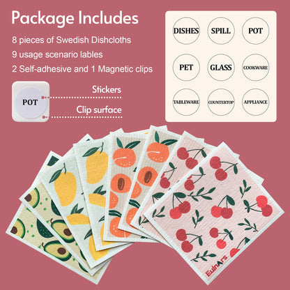 Eulnars Swedish Dish Cloth, 8-Pack Reusable Paper Towels, Swedish Dish Cloth with 3 Clips, 9 Classified Labels, Quick Drying Washable Dish Cloths, Super Absorbent Kitchen Towels, Odorless - Available at All In One Marketplace Canada