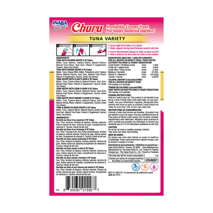 Friandises Churu pour chats INABA, purée crémeuse et onctueuse à lécher ou presser, avec extrait de thé vert et taurine, 14 grammes par tube, 60 tubes, boîte variée au thon
