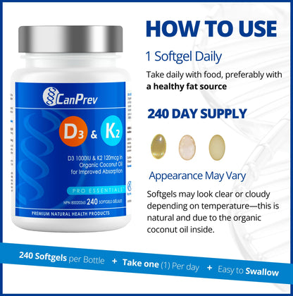 CanPrev - D3 & K2 Vitamin Supplement 240 Softgels 240-Day Supply, K2 MK7 Cholecalciferol Vitamin D3 Supplement, Organic Coconut Oil for Improved Absorption - Helps Build & Maintain Teeth & Bone Health