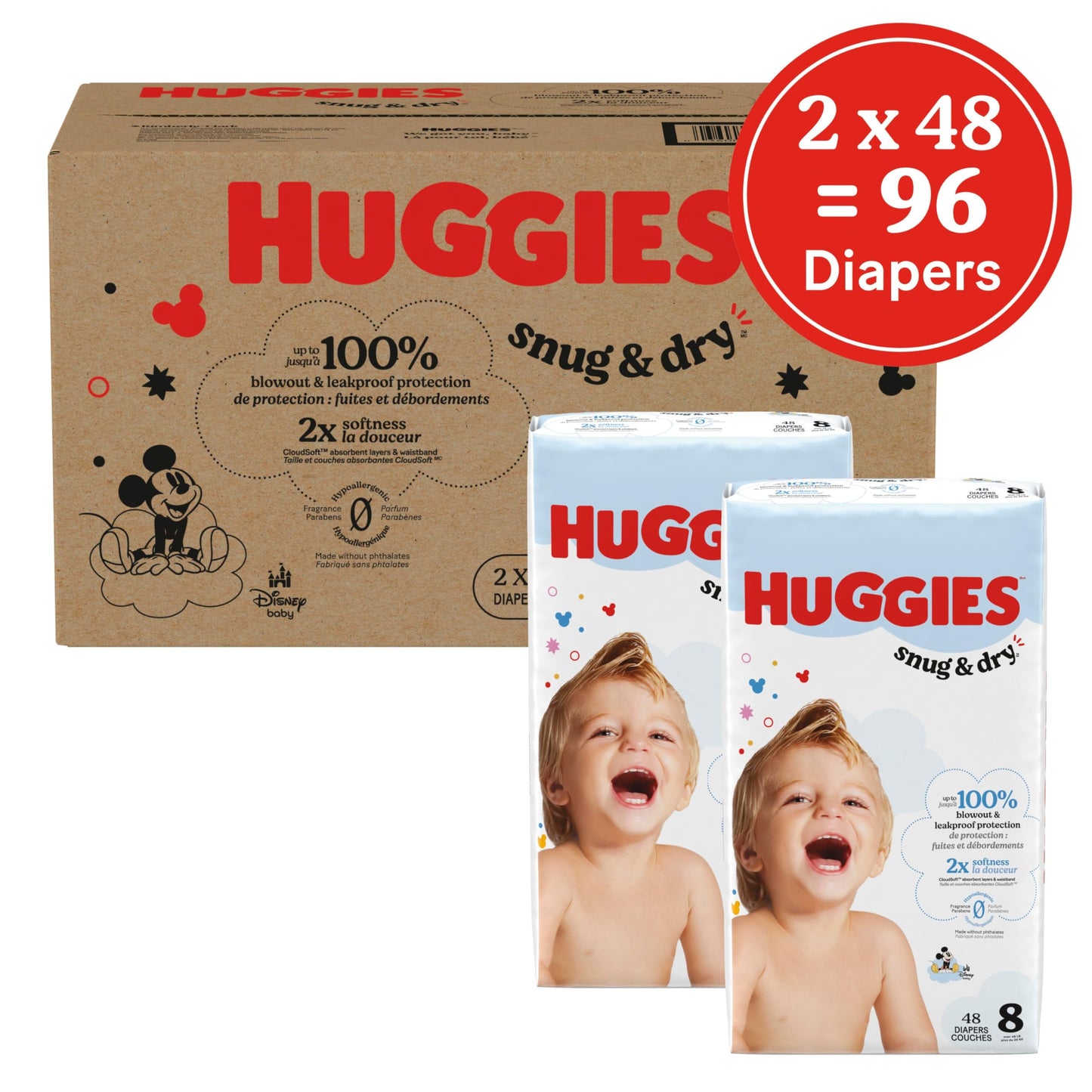 Huggies Size 8 Diapers, Snug & Dry Baby Diapers, Size 8 (45+ lbs), 96 Count (2 Packs of 48), Packaging May Vary