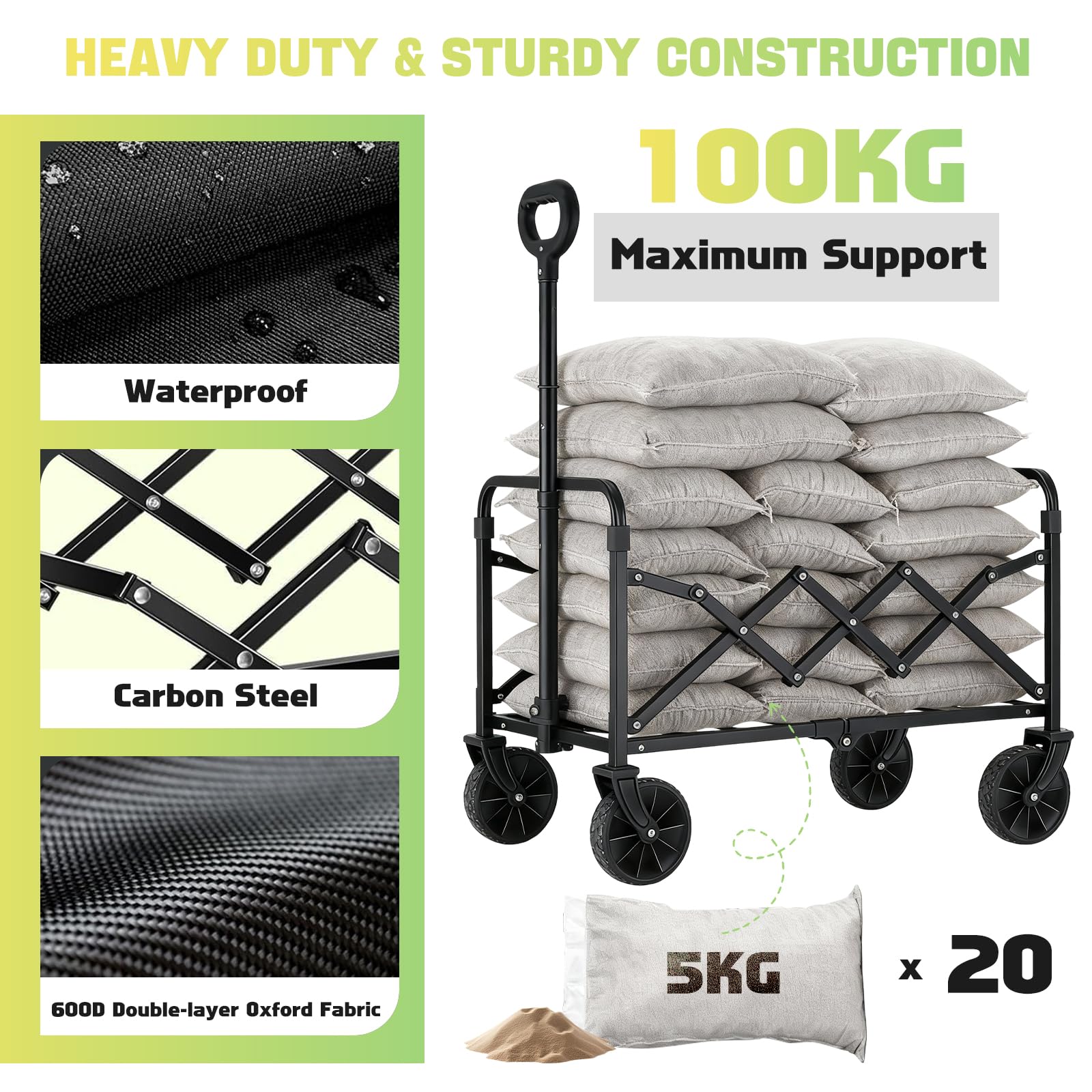 100KG Collapsible Foldable Wagon Carts - Heavy Duty Portable Folding Utility Wagons with All-Terrain Wheels for Grocery Sports Shopping Camping Garden Beach, 2 Drink Holders/Lightweight/Black - Available at All In One Marketplace Canada