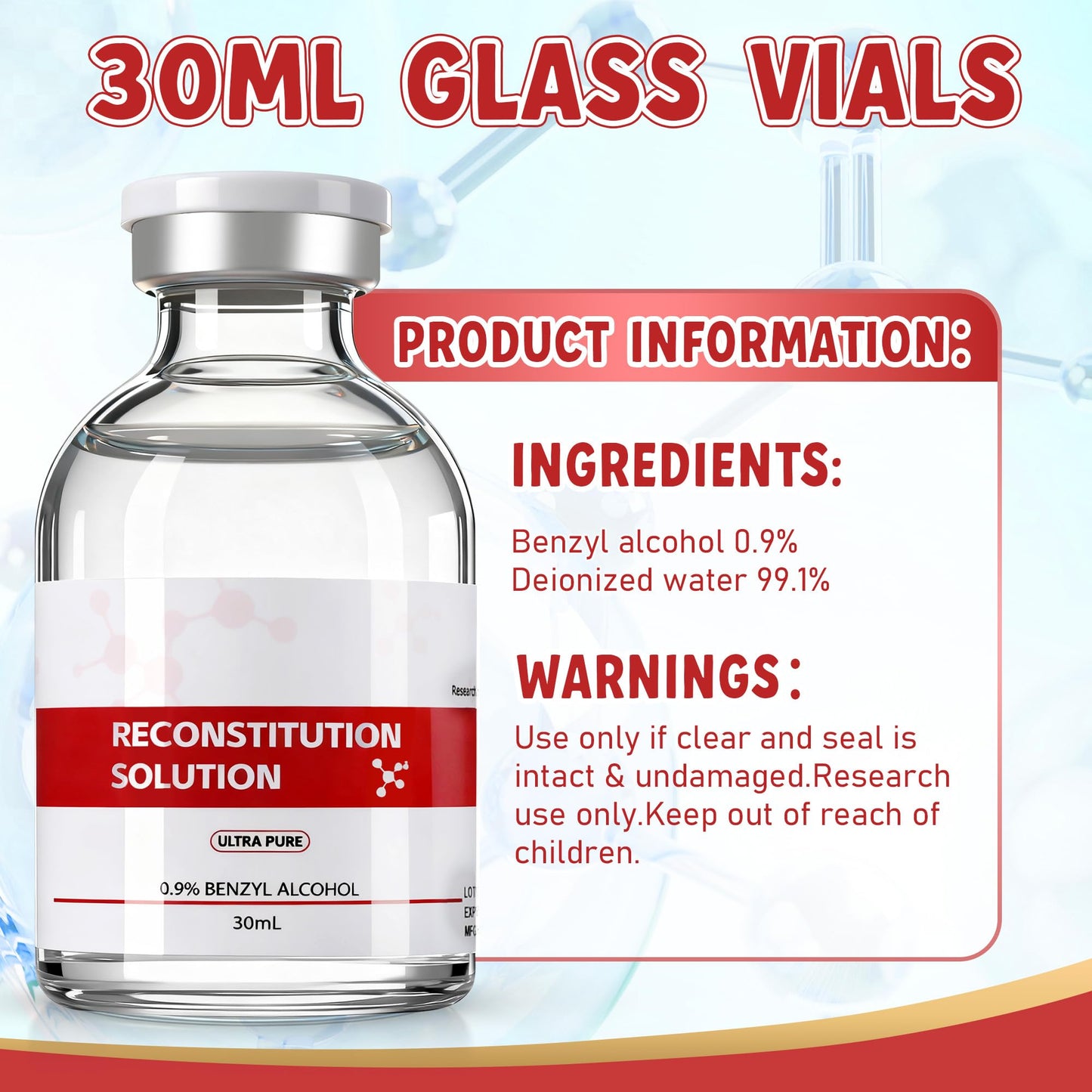 Reconstitution Solution in Premium Glass Vials 30 ML 2 Pack,Triple Sealed