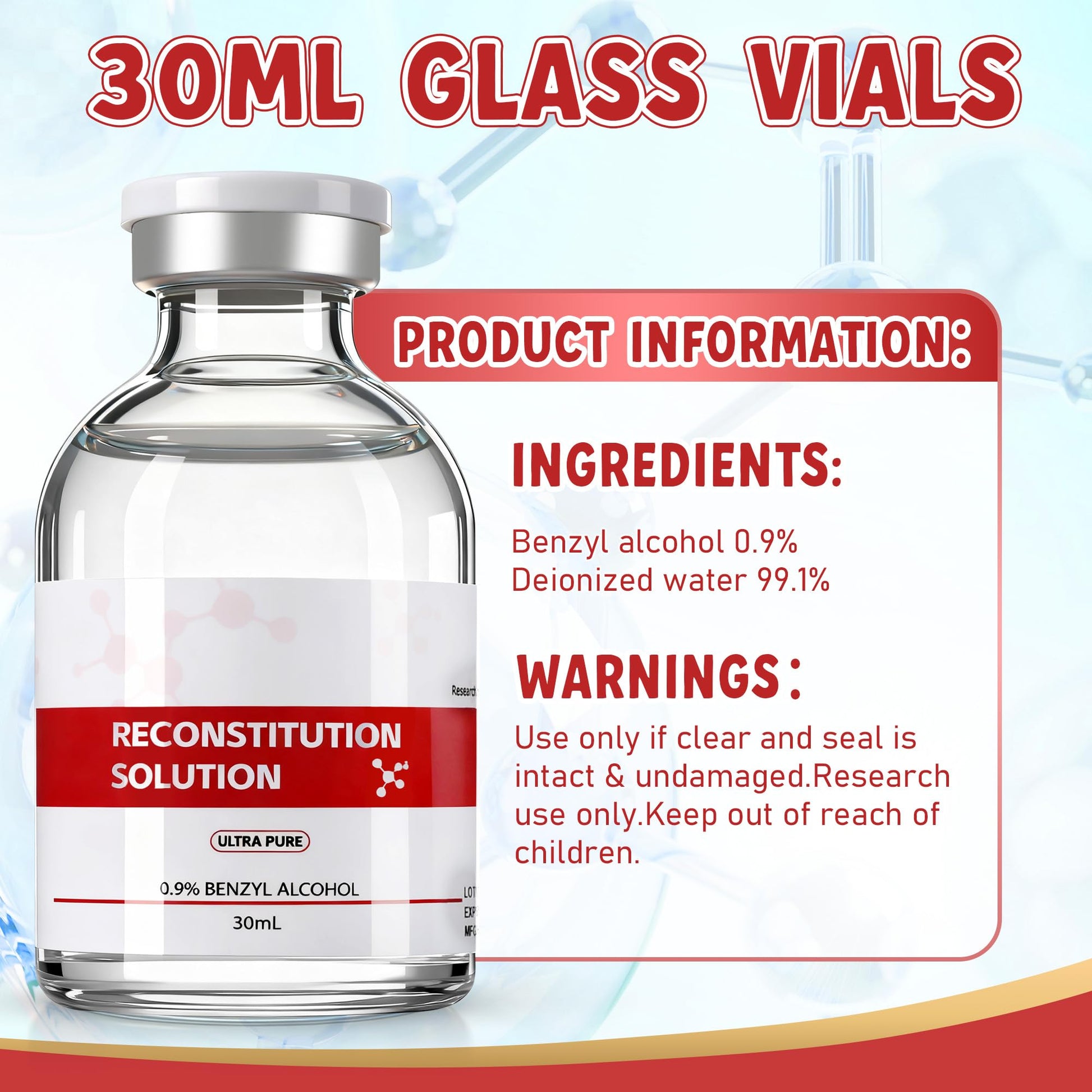 Reconstitution Solution in Premium Glass Vials 30 ML 2 Pack,Triple Sealed
