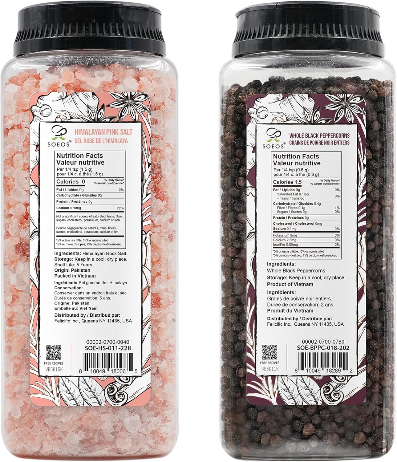 Soeos Himalayan Pink Salt 38.8oz & Whole Black Peppercorns 18oz – Coarse Grain for Grinders, Non-GMO & Kosher