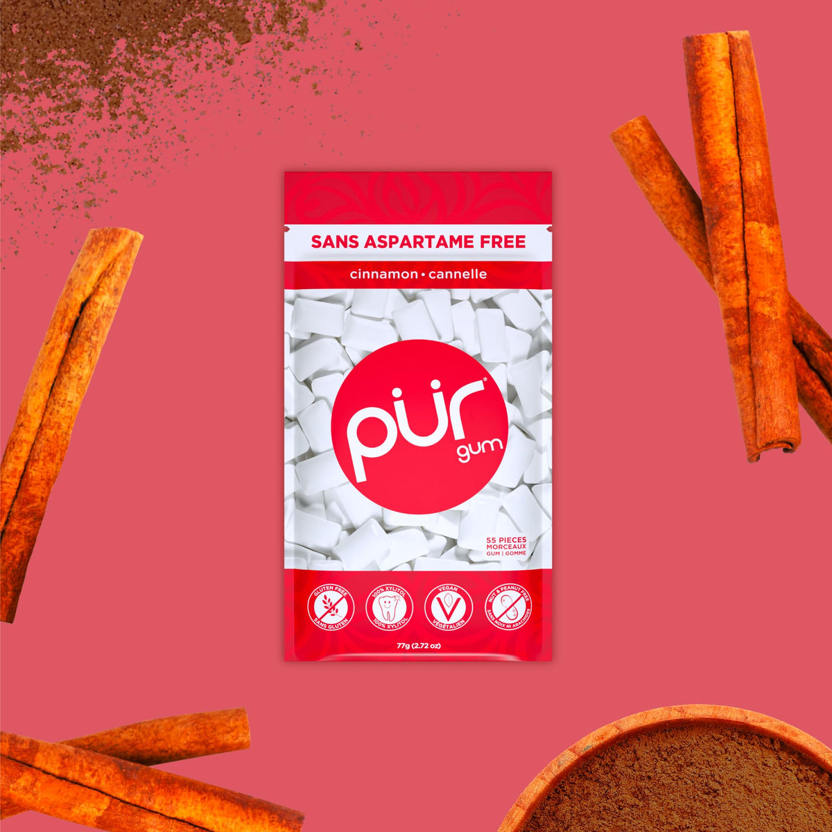 PUR Gum, Cinnamon, Xylitol Gum, No Artificial flavour, 330 Count (6x55)
