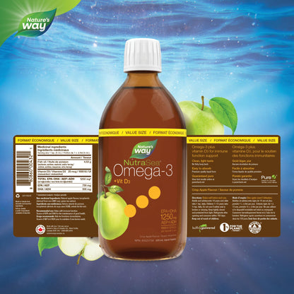 Nature's Way NutraSea Omega 3 + Vitamin D Fish Oil Liquid Supplement – Crisp Apple Flavour, Value Size – Heart, Brain, Bone & Immune Support – EPA & DHA + 1000IU D3, 500 mL