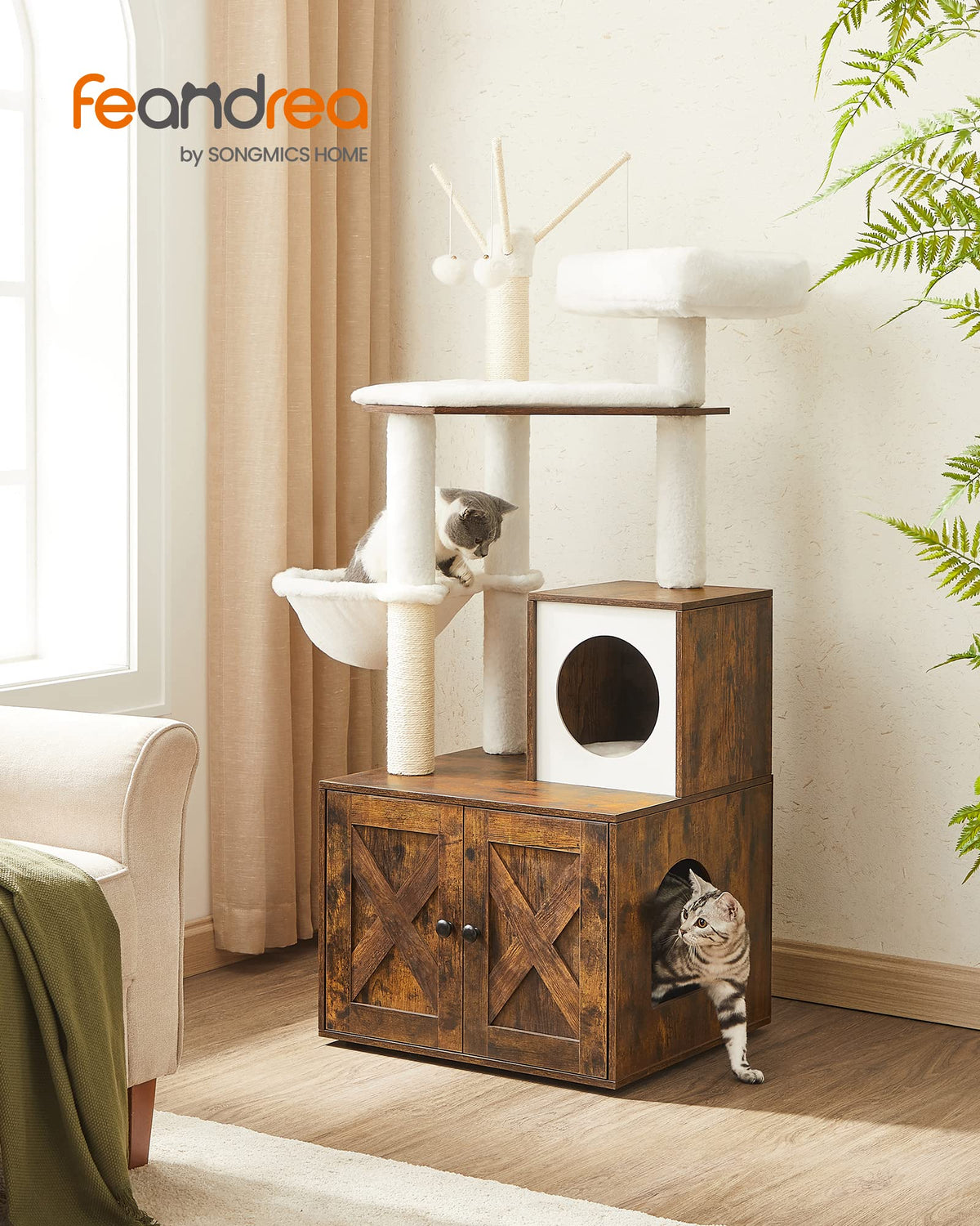 Feandrea WoodyWonders Cat Tree with Litter Box Furniture Hidden Enclosure, 2-in-1 Modern Tower, Cat Condo with Scratching Posts, Removable Pompom Sticks, Rustic Brown UPCT113X01