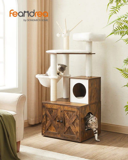 Feandrea WoodyWonders Cat Tree with Litter Box Furniture Hidden Enclosure, 2-in-1 Modern Tower, Cat Condo with Scratching Posts, Removable Pompom Sticks, Rustic Brown UPCT113X01