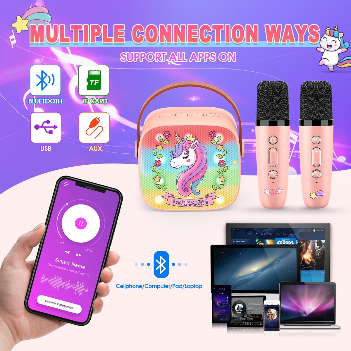 Mini Karaoke Machine for Kids, Exssary 3 4 5 6 7 8-12 Year Old Girl Gifts Portable Bluetooth Speaker with 2 Wireless Microphone Unicorn Toys Christmas Birthday Gifts for Girls Kids Teens (Pink) 🍁 All In One Marketplace Canada
