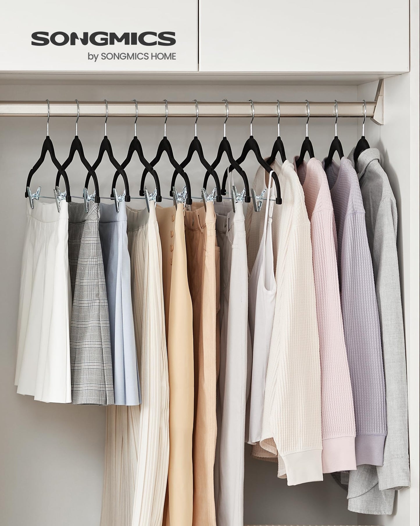 SONGMICS 30-Pack Pants Hangers, 42.5 cm Long Velvet Trousers Hangers with Adjustable Clips, Heavy-Duty, Non-Slip, Space-Saving for Pants, Skirts, Coats, Dresses, Tank Tops, Black UCRF12B30 SONGMICS