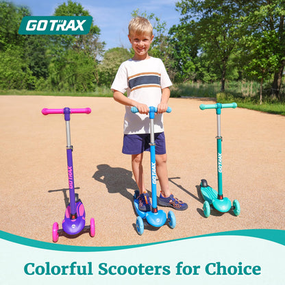 Gotrax KS1 Kids Kick Scooter, LED Lighted Wheels and 3 Adjustable Height Handlebars, Lean-to-Steer & Widen Anti-Slip Deck, 3 Wheel Scooter for Boys & Girls Ages 3+ and up to 50 Kg (Blue)
