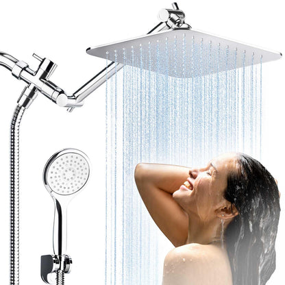 COSYLAND Rain Shower Head with Handheld - 304 Stainless Steel High Pressure 8 inch Square Rainfall Showerhead Combo with 3 Spray Mode 11 inch Extension Adjustable Arm & 60 inch Hose - Chrome COSYLAND